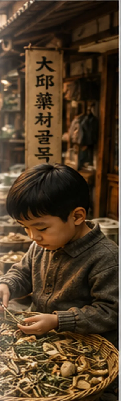 A child looking over herbs in an alley stacked with medicinal herbs