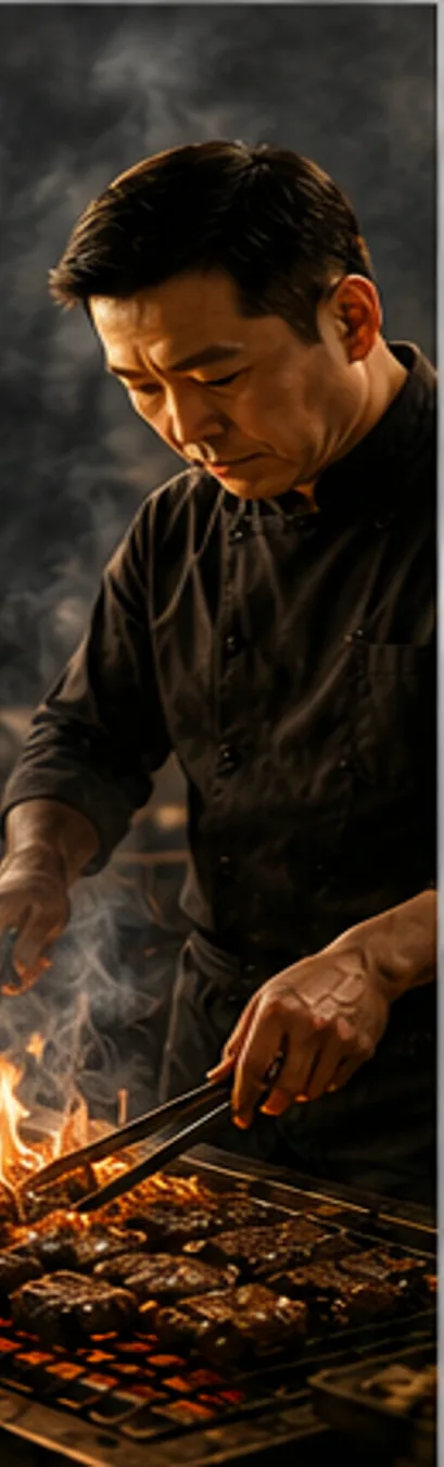 A cook grilling ribs over a brazier