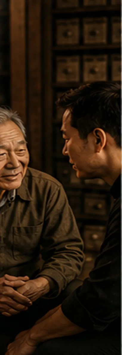 An older man and a man talking in front of a herb cabinet